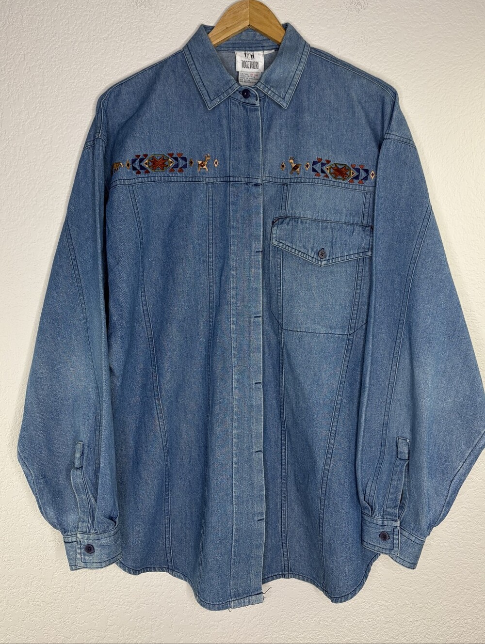 Together 1980's Vintage Denim Southwestern Button Down Blouse Top Large